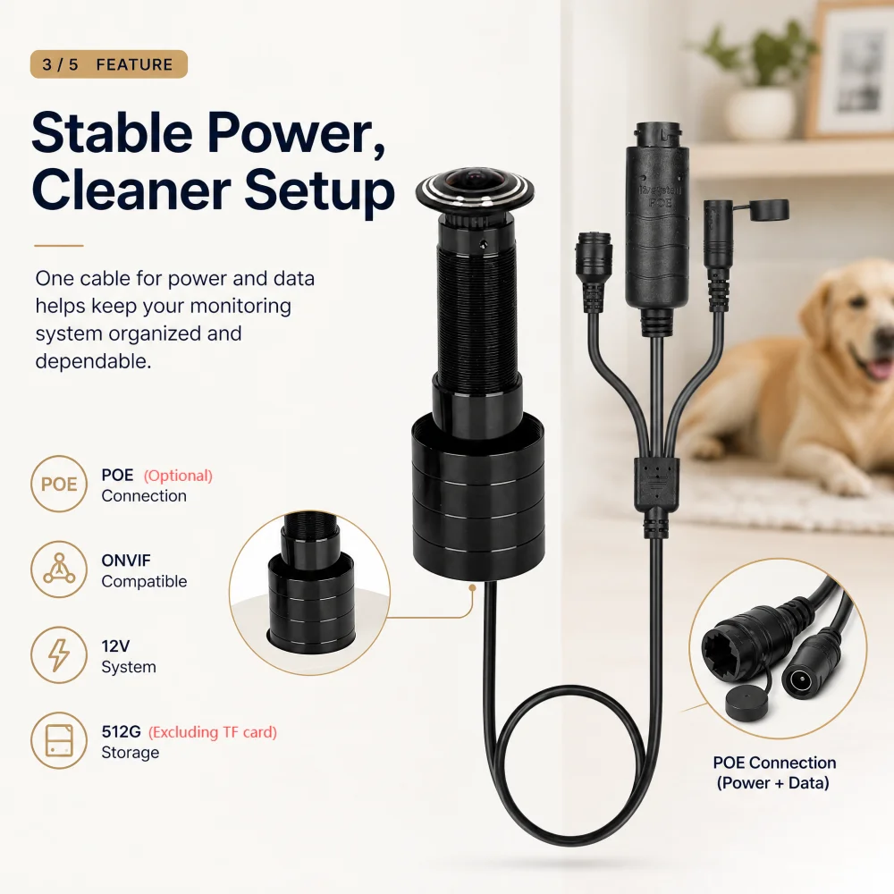 DC12V Door Viewer Eye Hole 5MP 1.66mm Wide Angle FishEye Lens Network Mini Peephole Door IP Camera P2P Network Power Cable+rj45