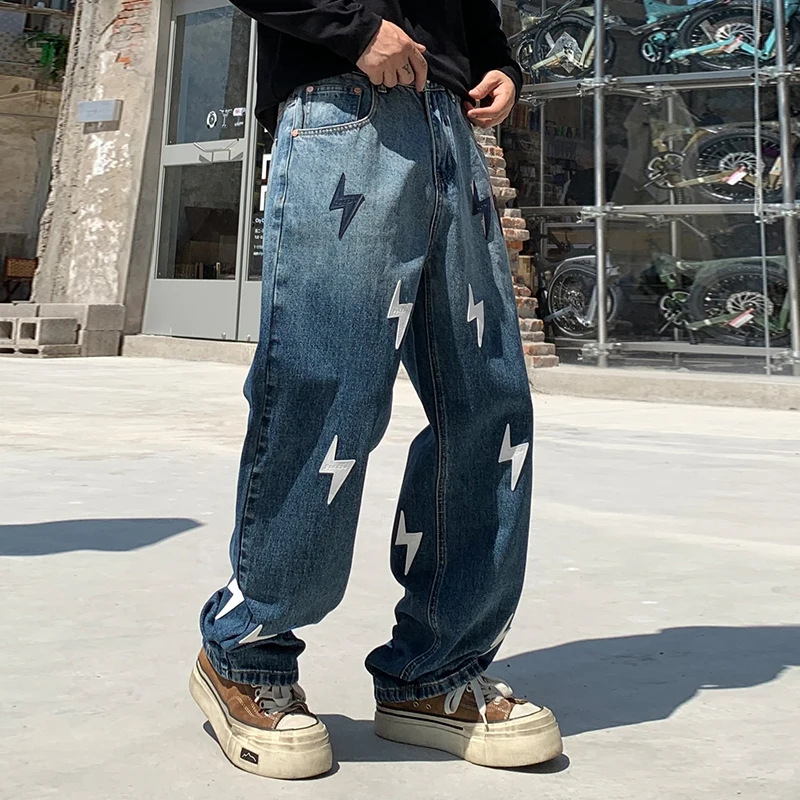K 116801 미국 하이 스트리트 라이트닝 그라데이션 컬러 청바지 남성 트렌디 브랜드 루즈 스트레이트 와이드 레그 넷 레드 캐주얼 헌드레