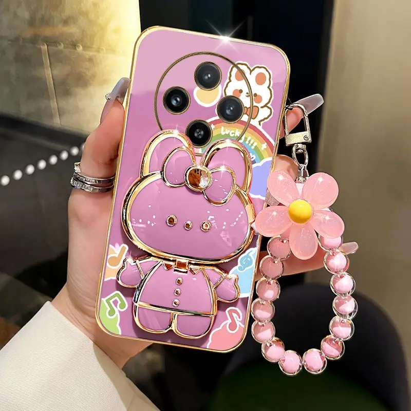 X100 Rainbow Lucky Rabbit Holder New Plating Phone Case For Vivo X100 X100Pro X100SPro X100S X100Ultra Y28 Y200 Y100 Back Cover