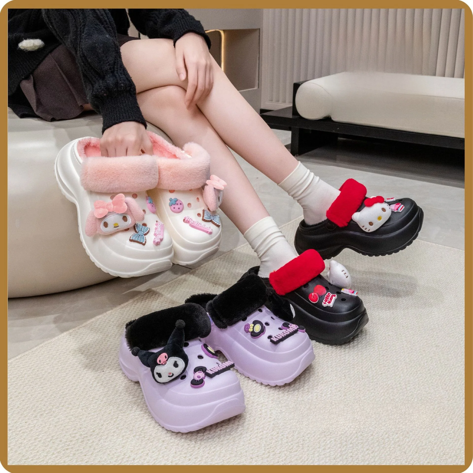 

Kids' Slippers House Shoes EVA Cartoon Hello Kitty Winter Shoes For Girls Warm Anti-slip Black White Shoes Size 35-40