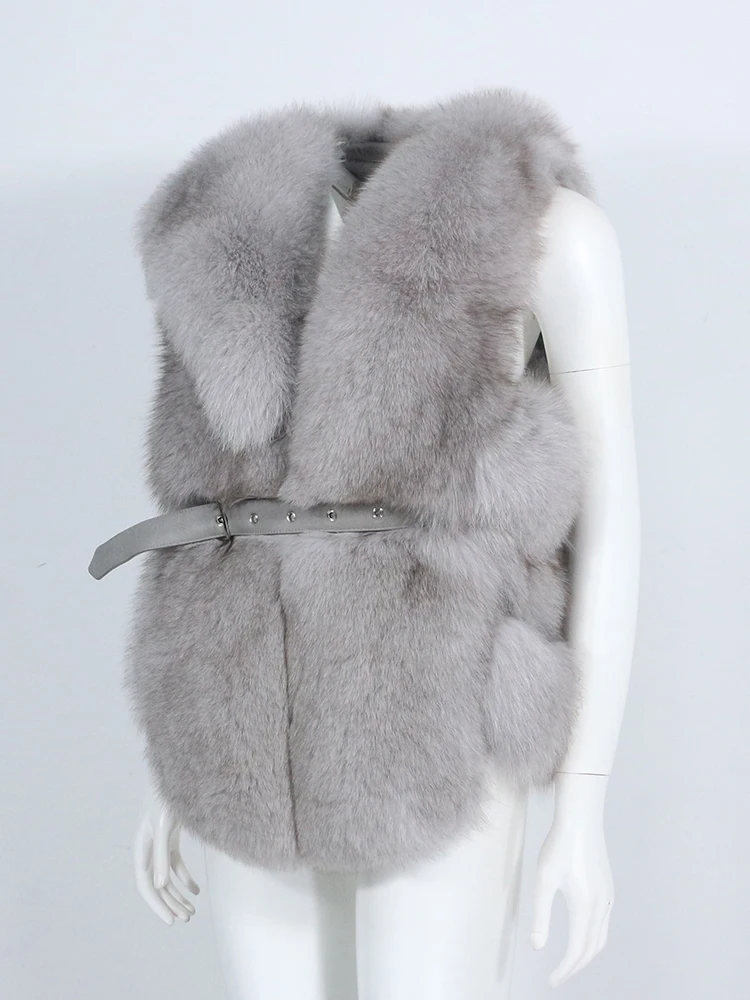 MENINA BONITA Winter Jacket Women Real Fur Vest Belt Coat Natural Big Fluffy Fox Fur Outerwear Streetwear Thick Warm Sleeveless