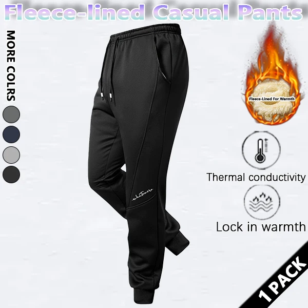 Men Fleece Lined Jogger Sweatpants, Thick Warm Fleece Inner Lining, Elastic Drawstring Waist, Small Handwritten Letter Print on Leg, Side Pockets, Rib Cuffed Ankles, Autumn Winter Sports Casual Trousers