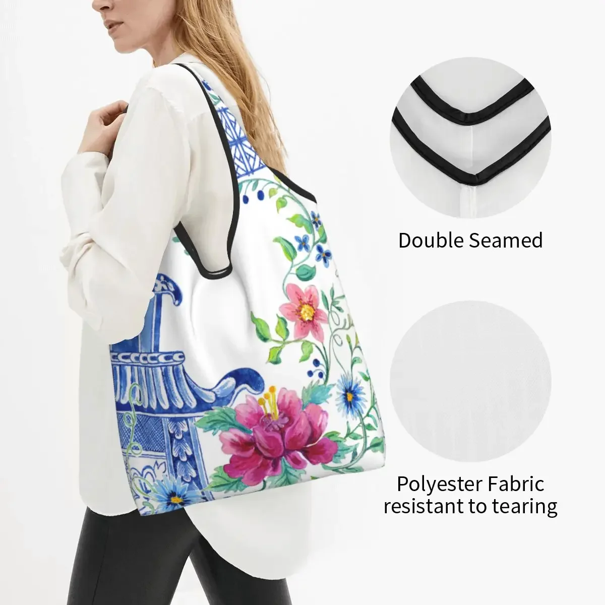 Asian Style Chinoiserie Floral Pagoda Shopping Bag Tote Bag Portable Antique Delft Willow Grocery Shopper Bags