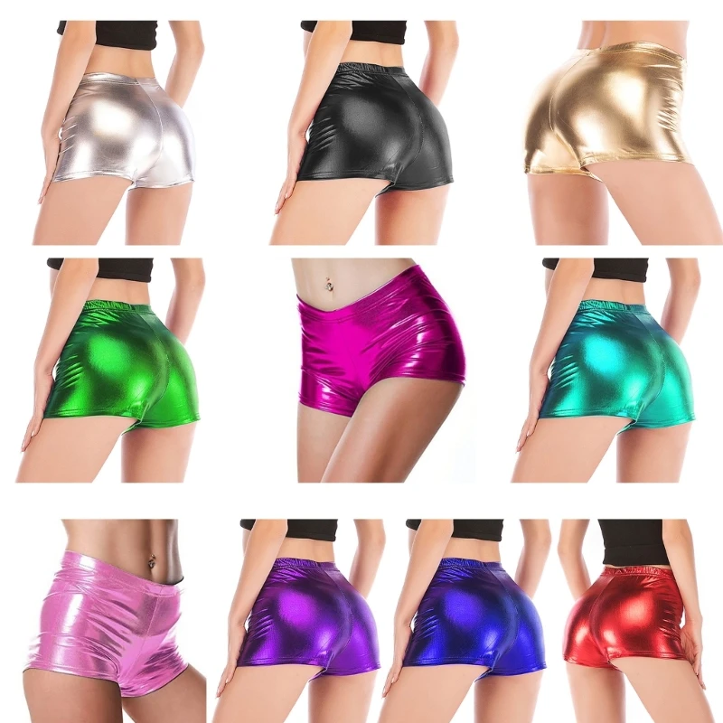 Sexy Womens Shorts Glitter Elastic Waist Faux PU Leather Metallic Solid Short Pant Dropship