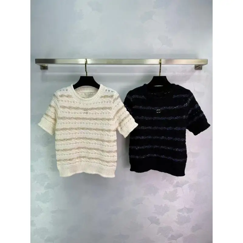

2025 Fashion Summer New Crewneck Sequin Striped All-match Knit Retro Double Stripe Short Sleeve Shirt