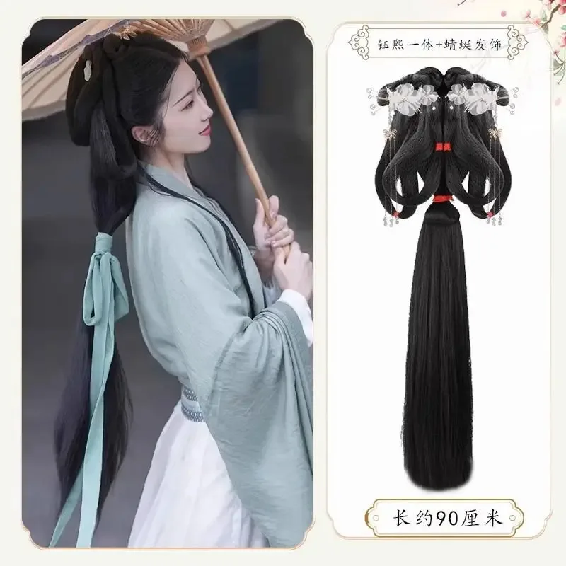 تأثيري Hanfu الباروكات النساء السود القديمة الصينية Hanfu الباروكات القبعات اكسسوارات Hanfu طويل مستقيم الباروكات شعر مستعار أسود غطاء الرأس