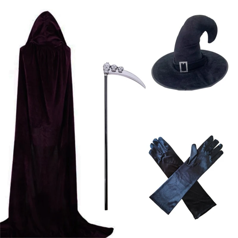 

Hooded Cloak Cape with Scythe Set for Halloween Party Adult Witch Death Costume