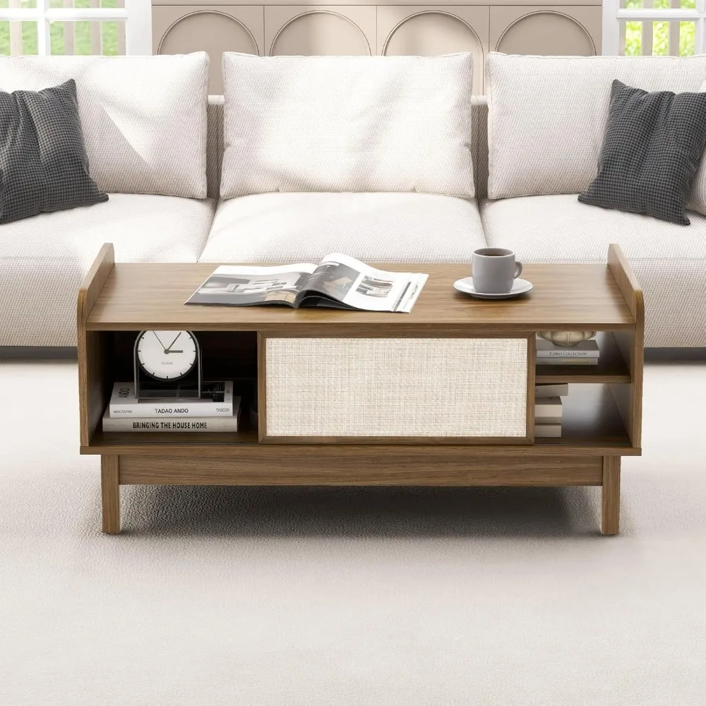 Mid Century Coffee Table with Storage, Rattan Modern Tea Table with Sliding Doors, Adjustable & Removable Shelf