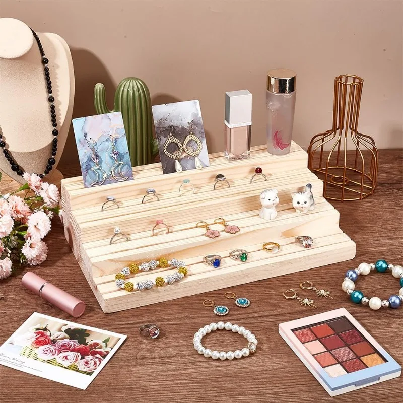 1pcs 4-Tier Wood Jewelry Display Stand Wooden Earring Organizer Holder with Grooves Jewelry Showcase Rack for Rings Earring