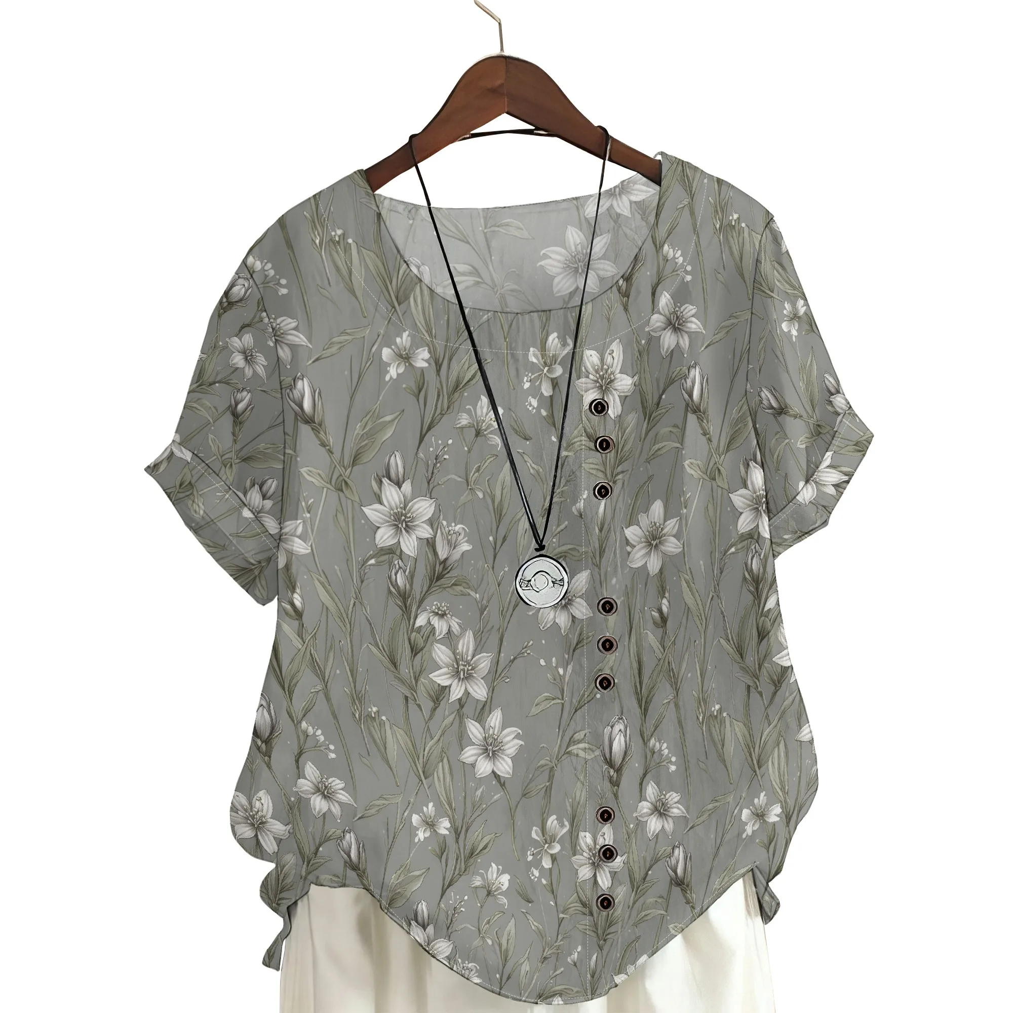 

Summer Tops for Women Short Sleeve Boho Vintage Floral Printed 2025 Button Cotton Linen Loose Fit Crewneck T Shirts