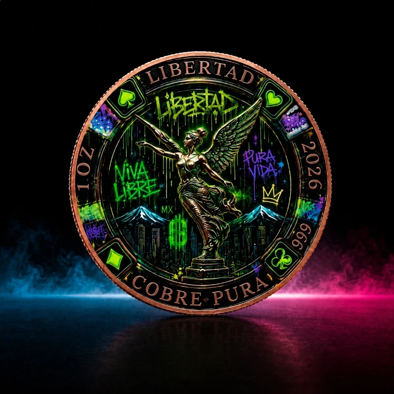 Mexico Libertad 1oz .999 Pure Copper Medallion, Neon Graffiti Poker Series Color Commemorative Badge, Winged Victory Eagle 3D