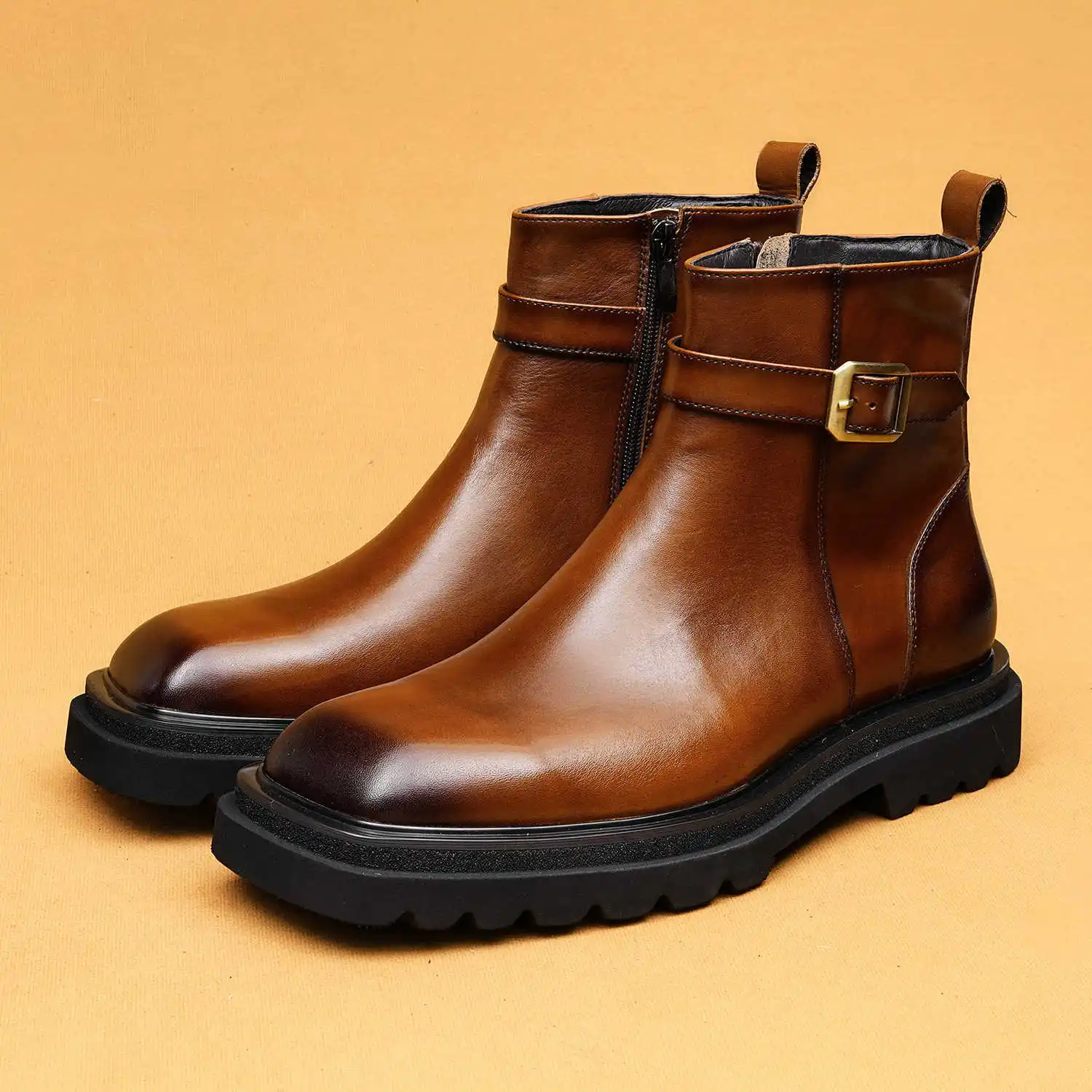 Men's Heeled Chelsea Boots, Genuine Leather Formal Ankle Boots with Metal Buckle, Large Size Business Dress High Top Shoes