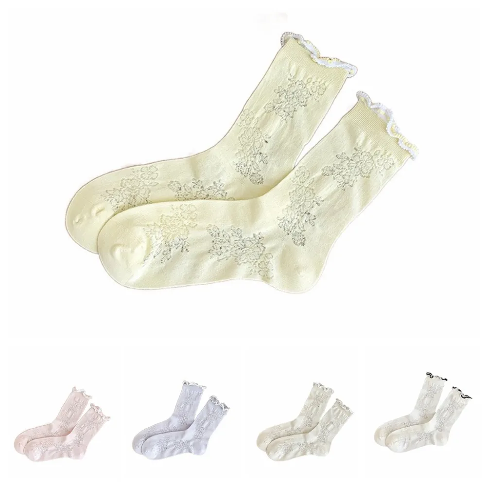 

3Pairs Soft Ruffle Mesh Flower Socks Ins Style Breathable Mid Tube Socks Lolita Female Hosiery Sweet Socks Women Girl