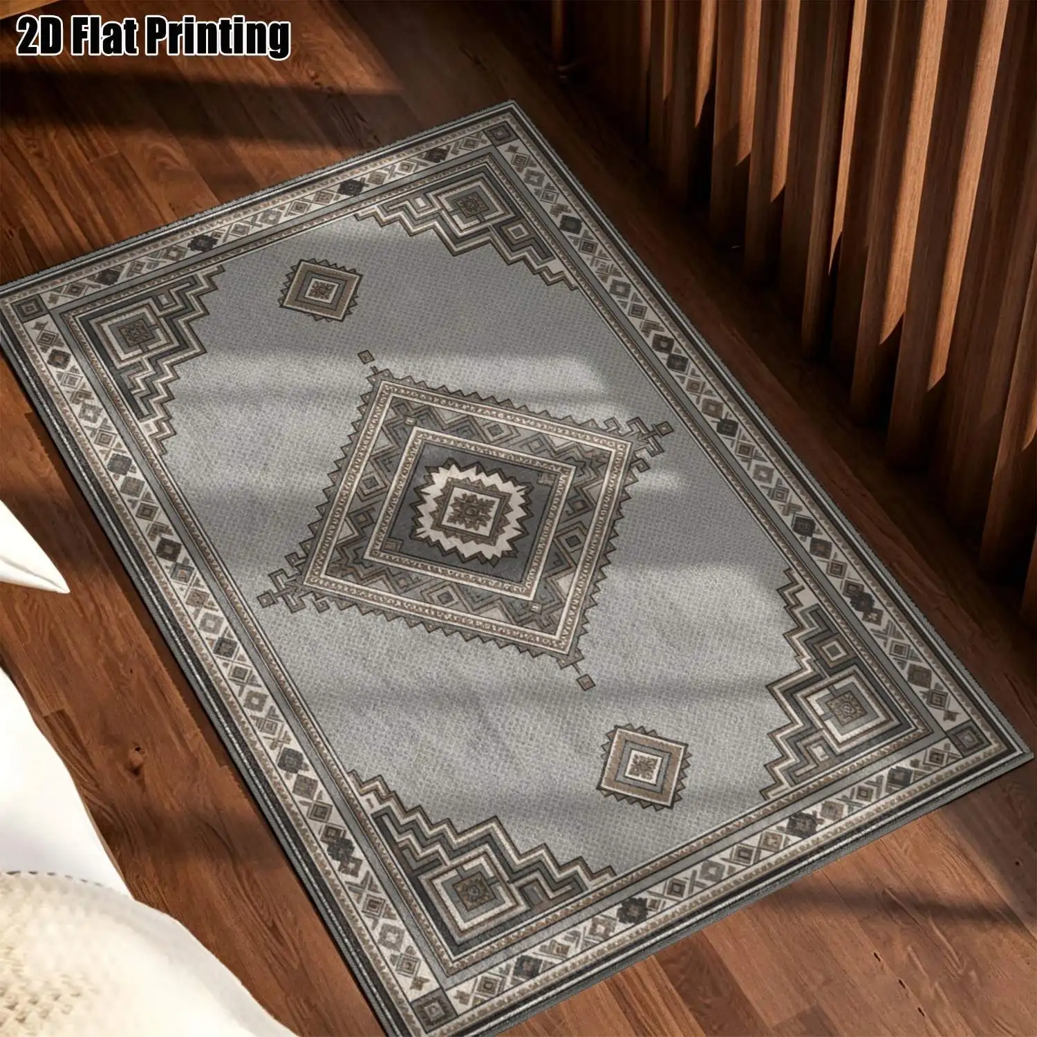 1Pc 2D Printed Blue-Grey Geometric Diamond Nordic Vintage Bohemian Carpet, Multi-Size Machine Washable, Ideal for Entrance, Living Room, Bedroom, Dining Room & Foyer Home Decoration