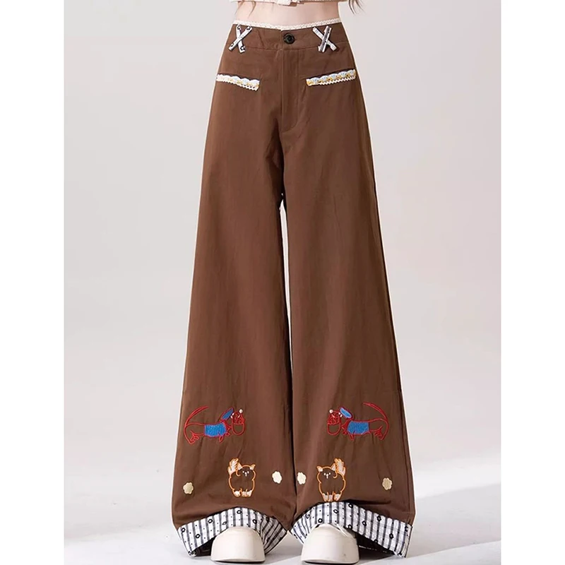 American Vintage Cute Embroidered Pants Women Sweet Harajuku Y2K Anime Trousers Loose Casual Patchwork Spring Fall Straight Pant