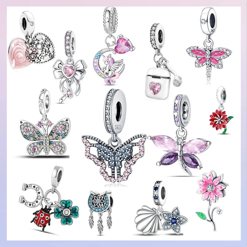 

Новейшая серия бабочек и цветов из стерлингового серебра 925 пробы, оригинальный очаровательный модный кулон из бисера подходит для девочек, чтобы сделать подарки