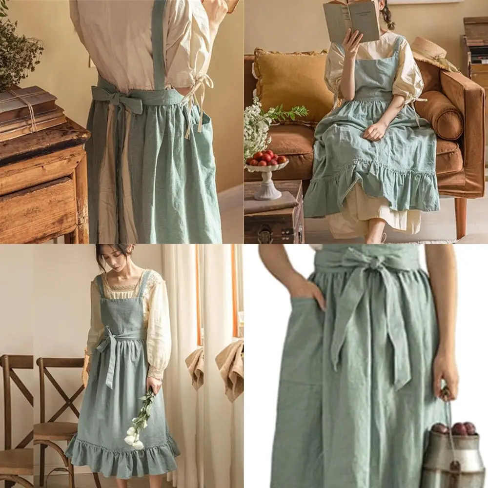 

Винтажный хлопковый фартук с перекрестной спинкой и рюшами для женщин — идеально подходит для садоводства и приготовления пищи