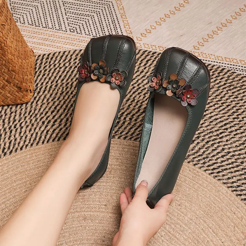 Vintage Woman Ballet Flats Women Genuine Leather Shallow Shoes Mom Driving Loafers Ladies Retro Handmade Floral Green Moccasins