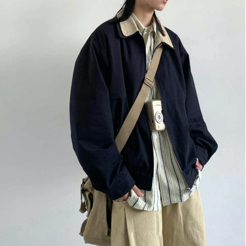 Japanese Harajuku Vintage Double Collar Work Jacket Spring Autumn Casual Loose Coat Unisex Streetwear Utility Outerwear Men