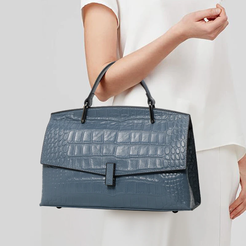 Genuine Cowhide Leather Women Satchel Bag, Crocodile Embossed Handbag with Lock Closure, Multi-Pocket Work Purse for Travel