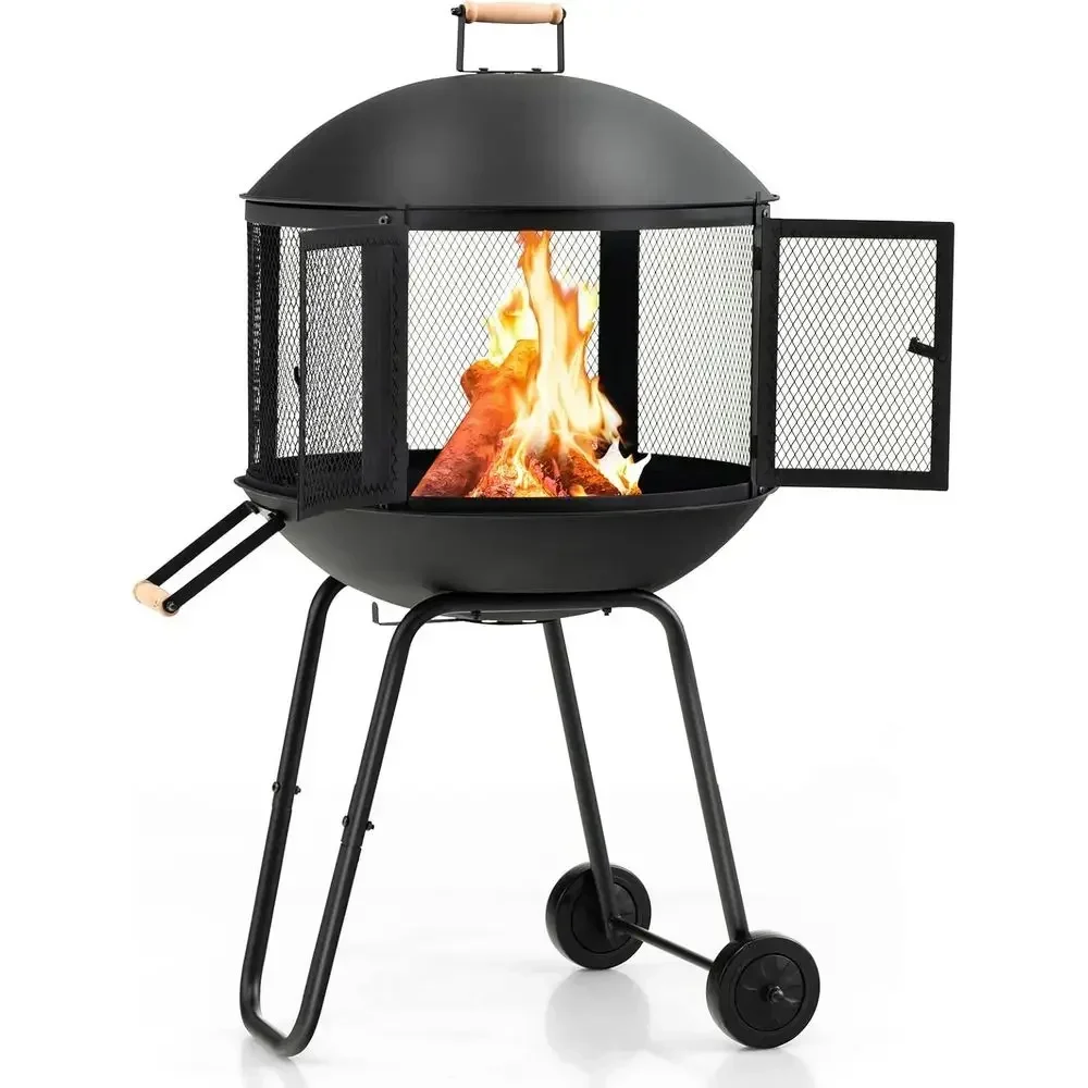 Portable Outdoor Wood-Burning Fire Pit with Spark Screen, Log Grate, Poker, and BBQ Grill