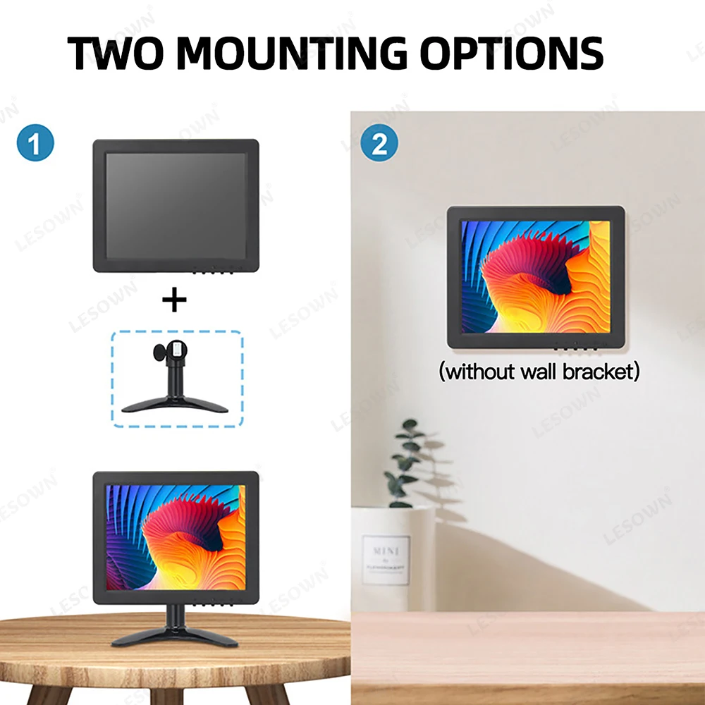 LESOWN 8 inch Car Monitor 1024x768 IPS 4:3 Compatible with VGA HDMI AV Small Ancillary Display for Camera Parking Reverse image