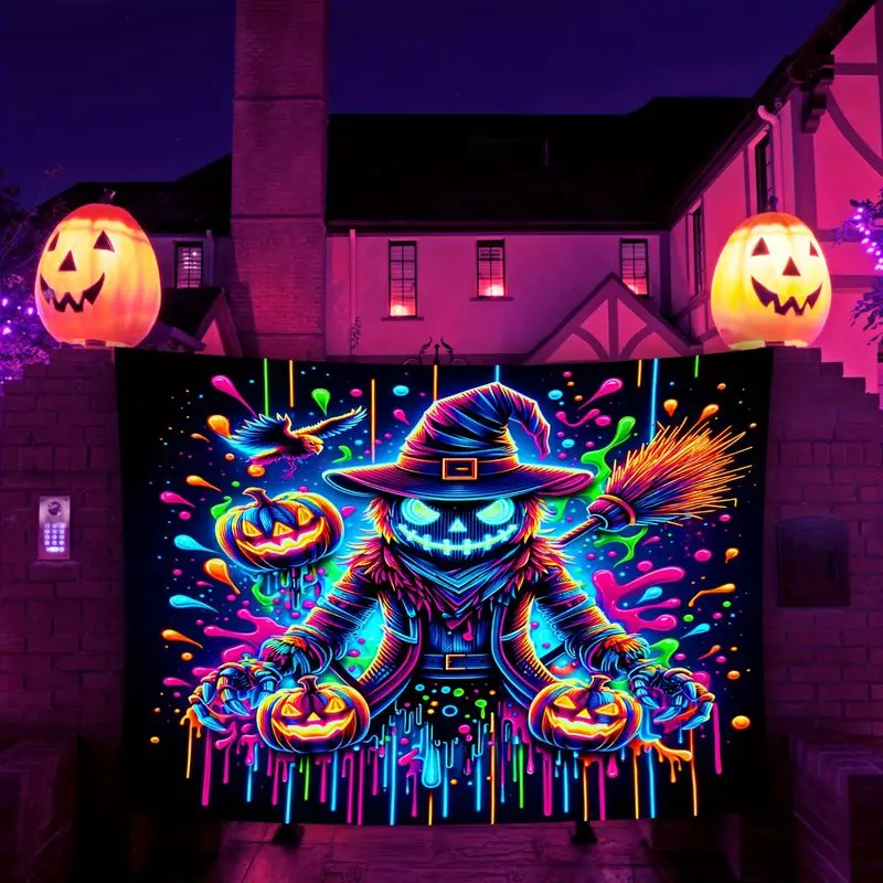 VIKAMA UV Reactive Halloween Scarecrow Wall Hanging Neon Drip Pumpkin Raven Tapestry Spooky Dorm Party Decor Cloth
