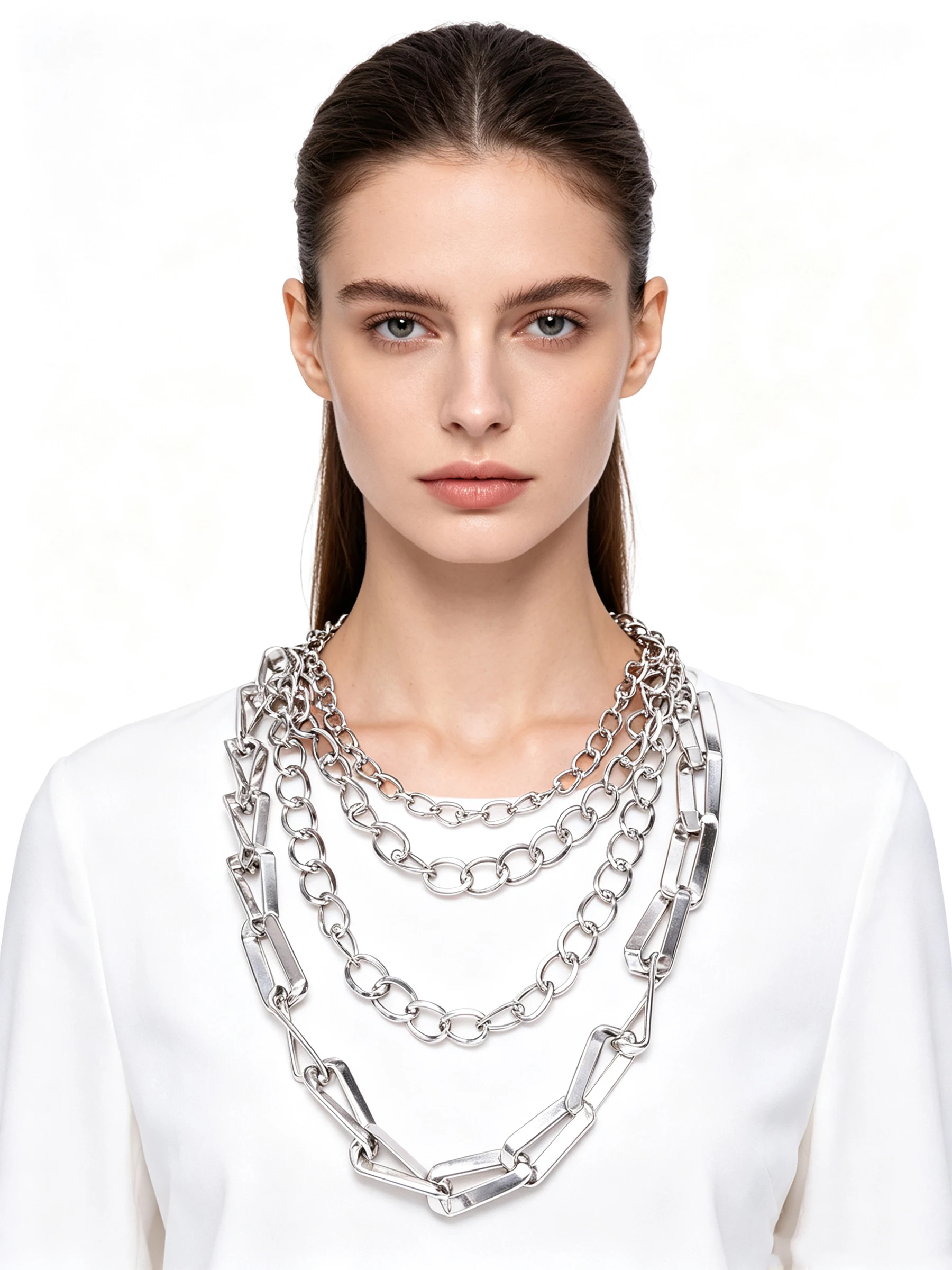 New Trending Multi-Layer Gold Silver Color Link Tiered Statement Necklace for Women Punk Hip Hop Stackable Neck Chain Jewelry