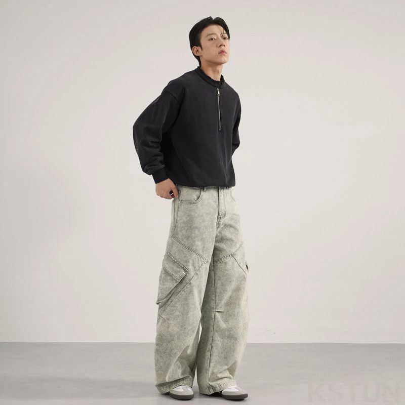 Kstoun calças de carga masculinas, ajuste solto, bolsos grandes, 100% algodão, cinza claro, calças curvas, calças largas, moda hiphop, streetwear