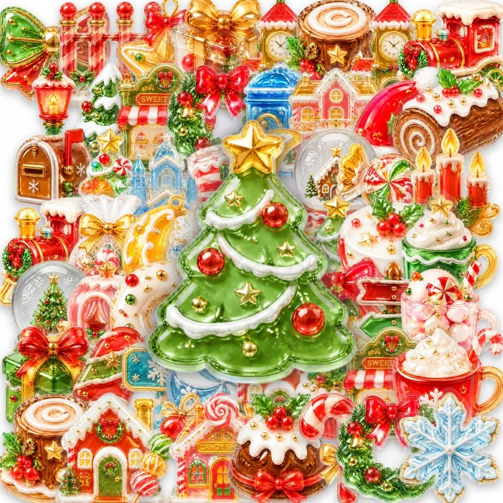 50Pcs Christmas Themed PET Clear Stickers, Festive Vibe Transparent Decals for Journal DIY Craft & Aesthetic Decoration