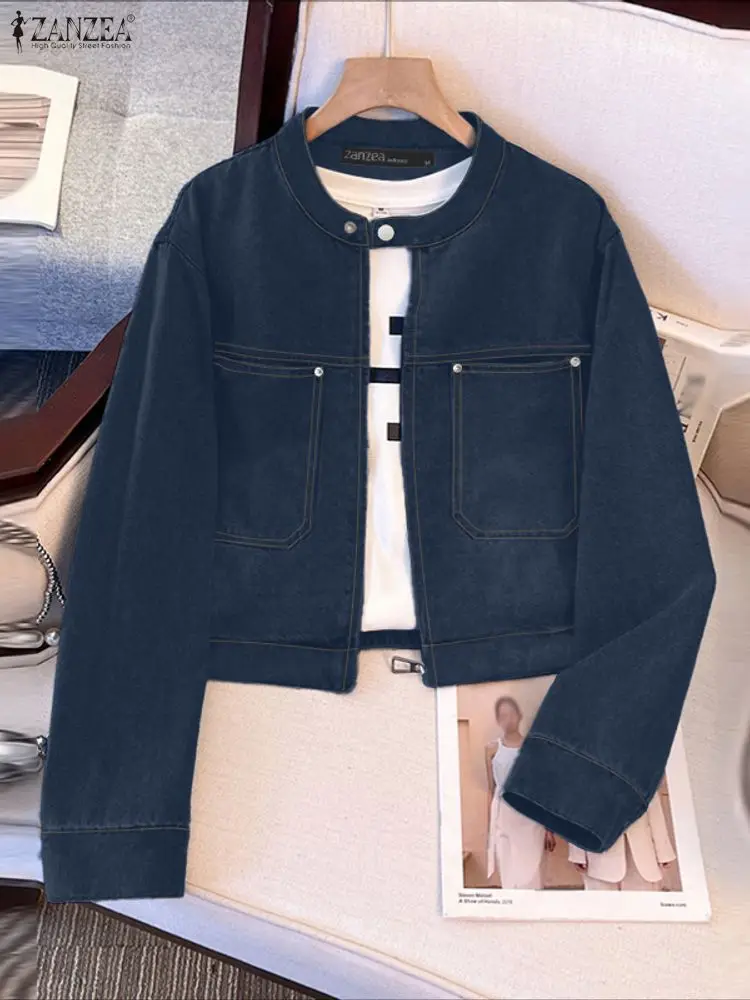

ZANZEA Womens Modern Denim-Like Short Jackets Autumn 2025 Long Sleeve O-Neck Zip-Up Lightweight Jackets Solid Color Outerwear
