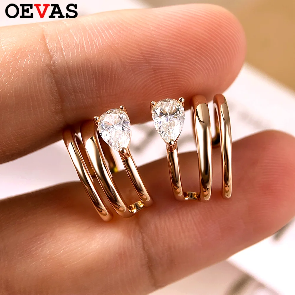 OEVAS 0.5CT Pear Cut Moissanite Clip Earrings for Women S925 Silver 18K Gold Plated 3 Rows Waterdrop Lab Diamond Party Jewelry