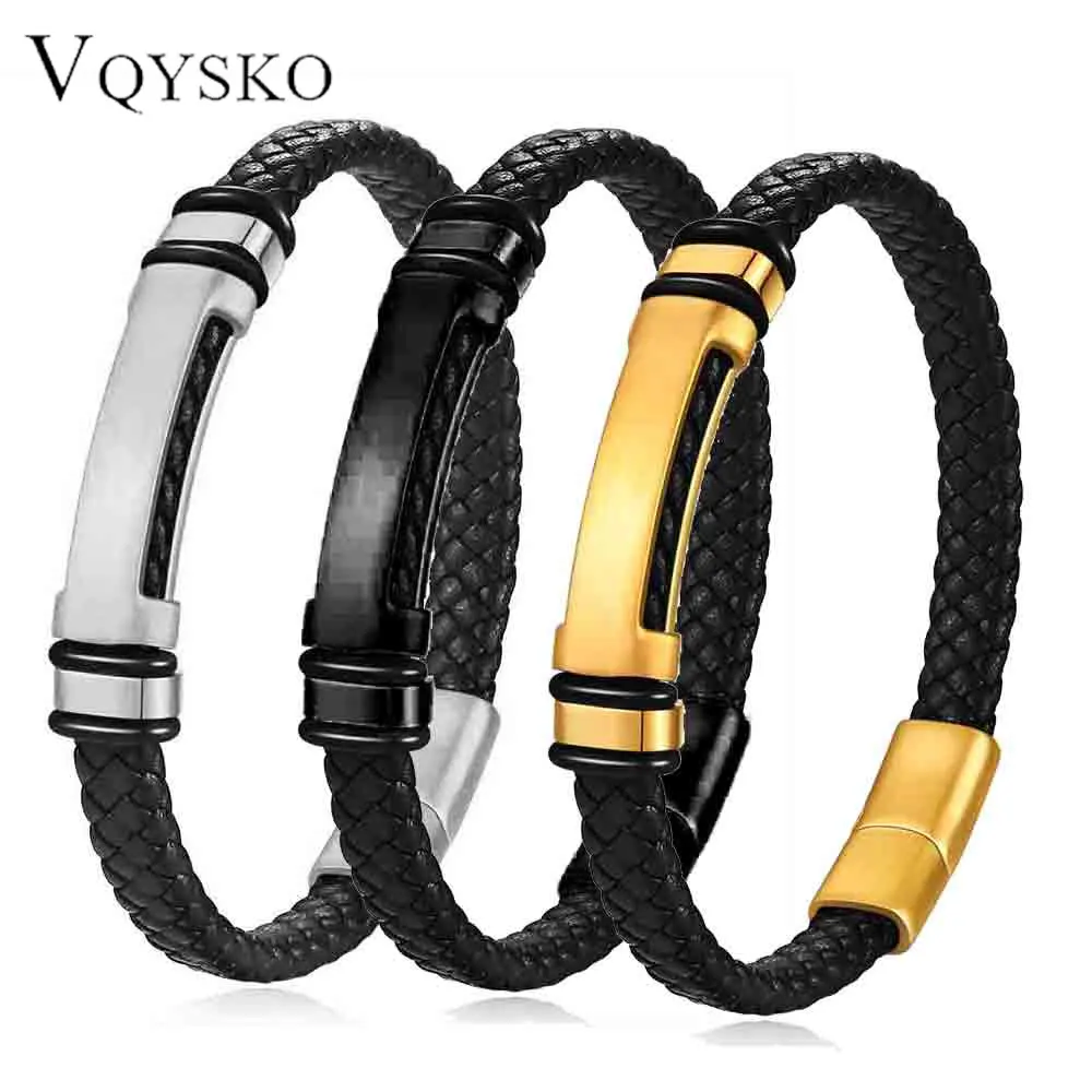 New Fashion 11mm Woven Leather Bracelet with Beaded Laser Engraved Stainless Steel Bracelets for Men Jewelry