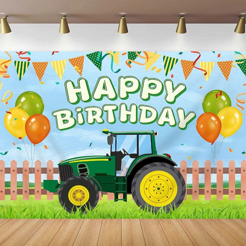 Boys Tractor Photography Backdrop Farmyard Green Grass Tractor Balloons And Flags Birthday Party Background Decor Photo Shoot