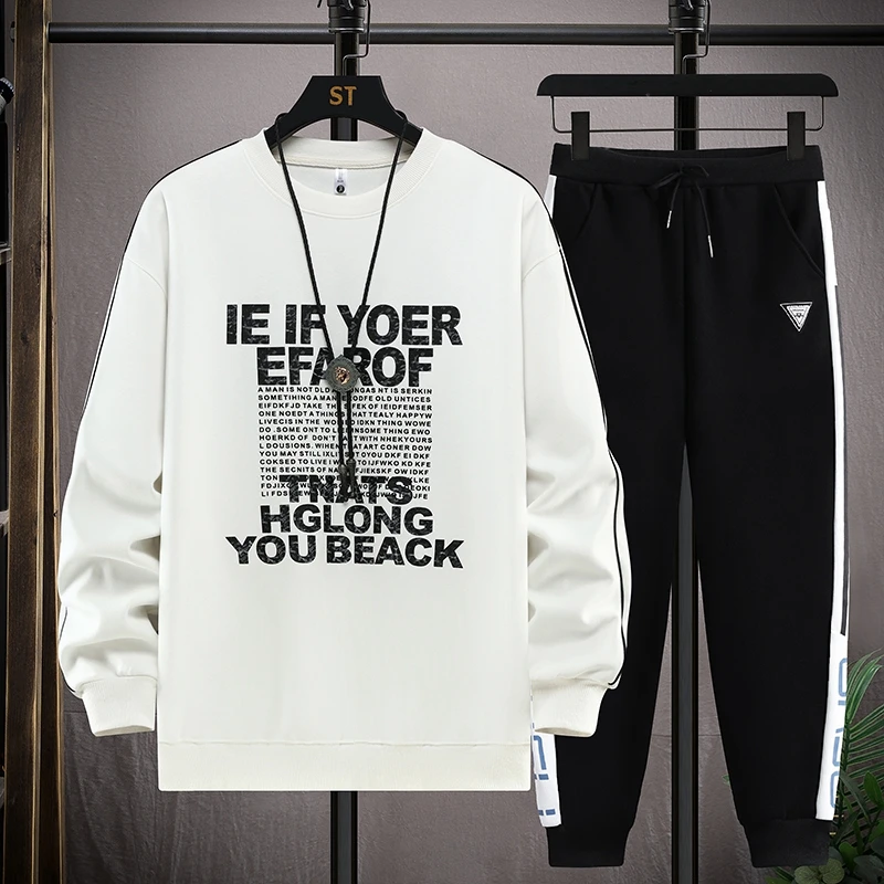 Men Letter Print Pullover Sweatshirt+Sweatpants 2-Pcs Tracksuit Trendy Casual Outdoor Sports Outfits Autumn Running Men's Sets