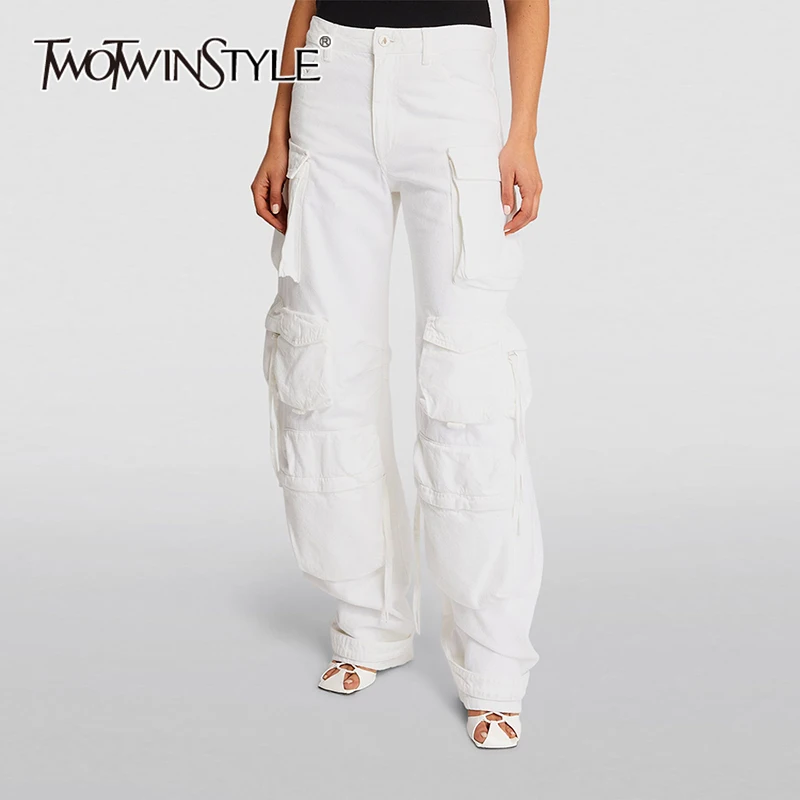 

TWOTWINSTYLE Solid Spliced Pocket Cargo Pant For Women High Waist Patchwork Button Designer Streetwear Wide Leg Pants Female New