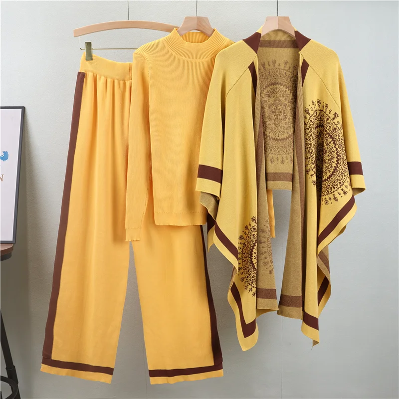 Women Knit 3 Pieces Sets Casual Knitted O Neck Sweater Tops And Shawl High Waist Wide Leg Pants  Autumn 2024 Outfit