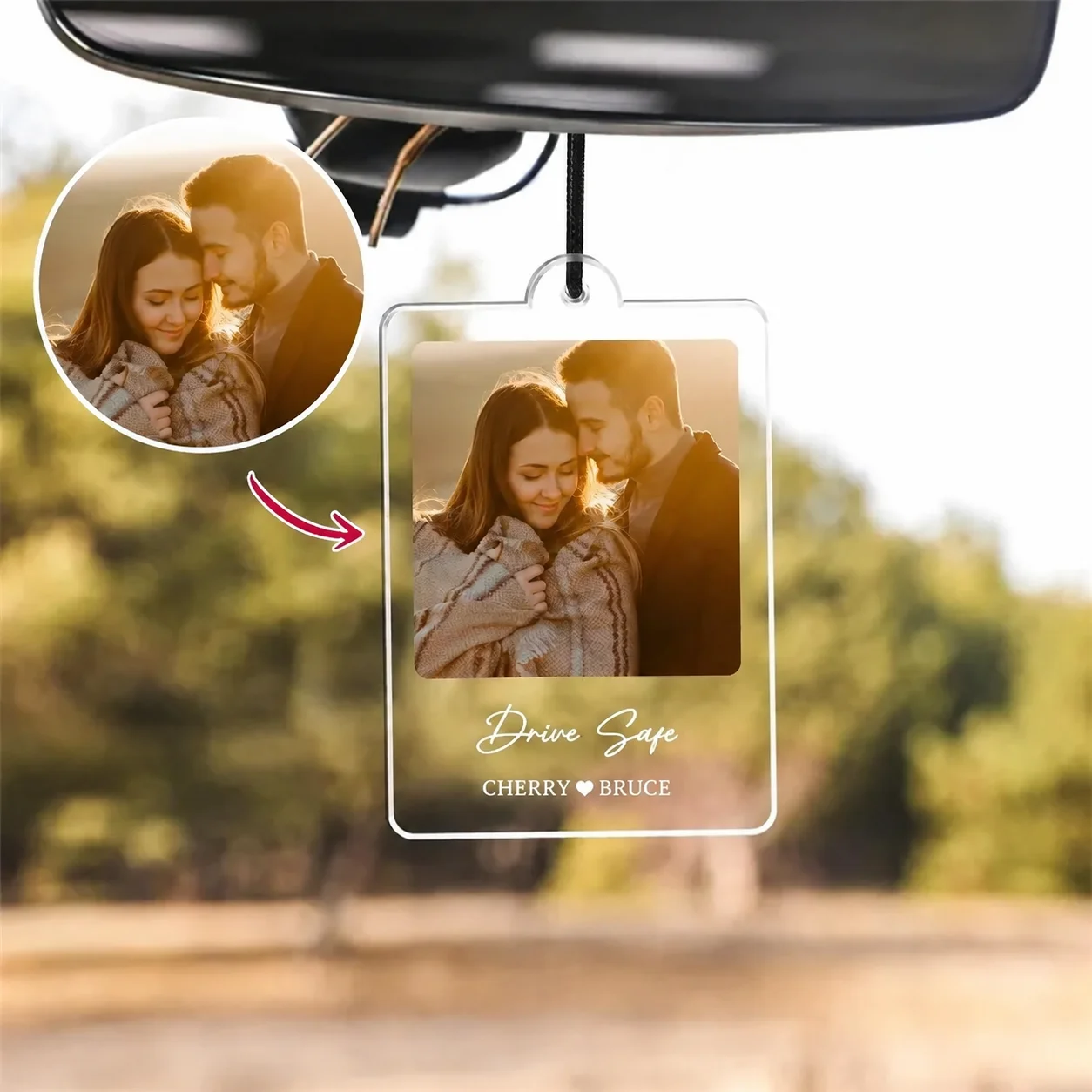 Personalized Custom Photo Car Hanging Ornament, Acrylic Rear View Mirror Charm, Custom Text Car Pendant Gift for Couple