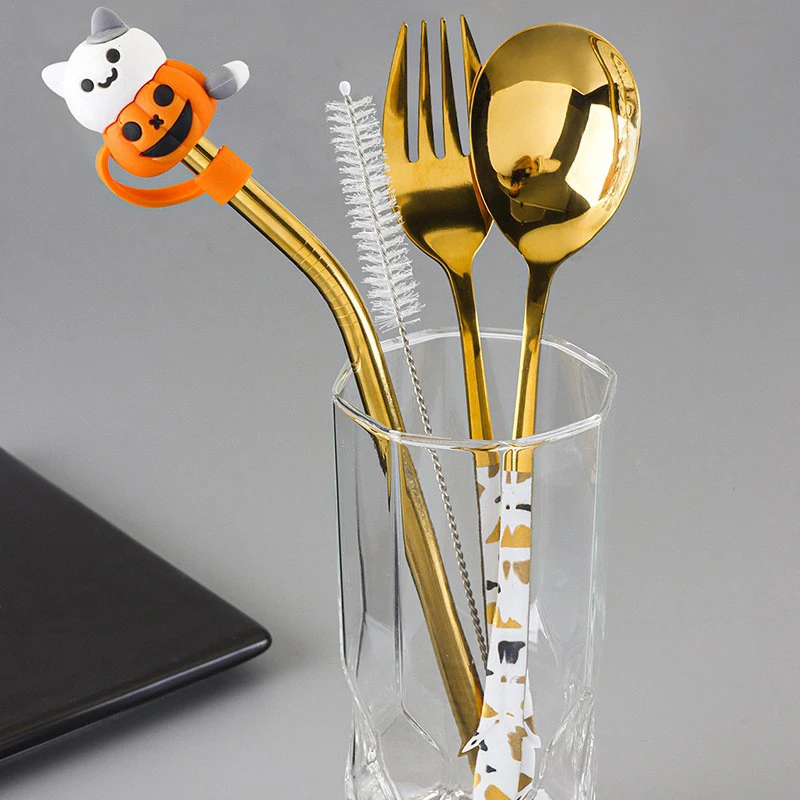 Cartoon Pumpkin Ghost Silicone Straw Covers For Cup Drinking Dust Cap Straw Tips Cover Halloween Party Cup Accessories