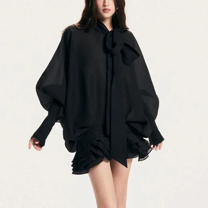 NOVA 2026 negro Beige vestido de gran tamaño mujeres pajarita linterna manga volantes Mini vestido elegante suelto vestido de cóctel de fiesta