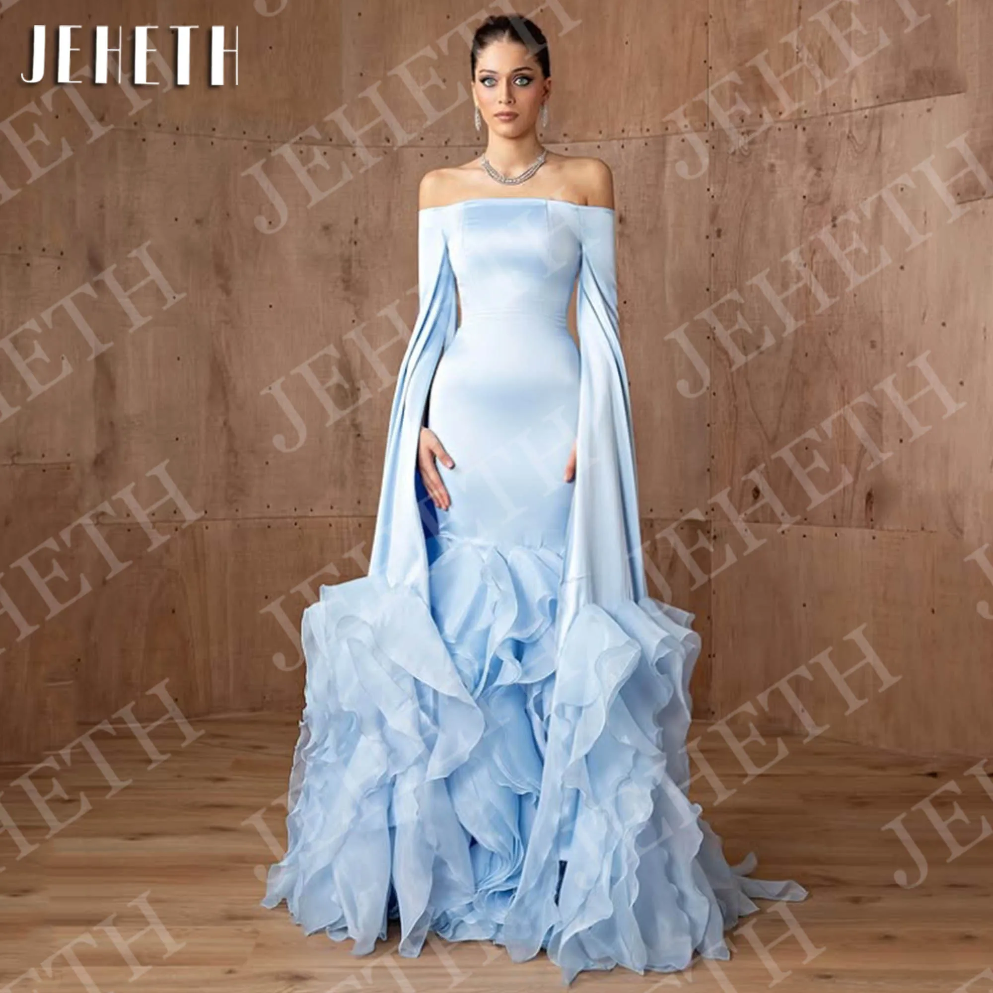 

JEHETH Mermaid Evening Dresses Saudi Arabia Off Shoulder Cape Sleeves Light Blue Special Occasions Dress Customized فساتين سهرات
