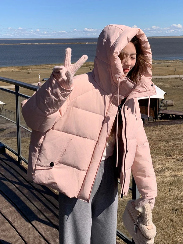 핑크 후드 오트 다운 재킷 여성용 겨울 2025 신상 소형 사이즈 안티에이징 한국 슬림핏 부피감 없는 아우터웨어