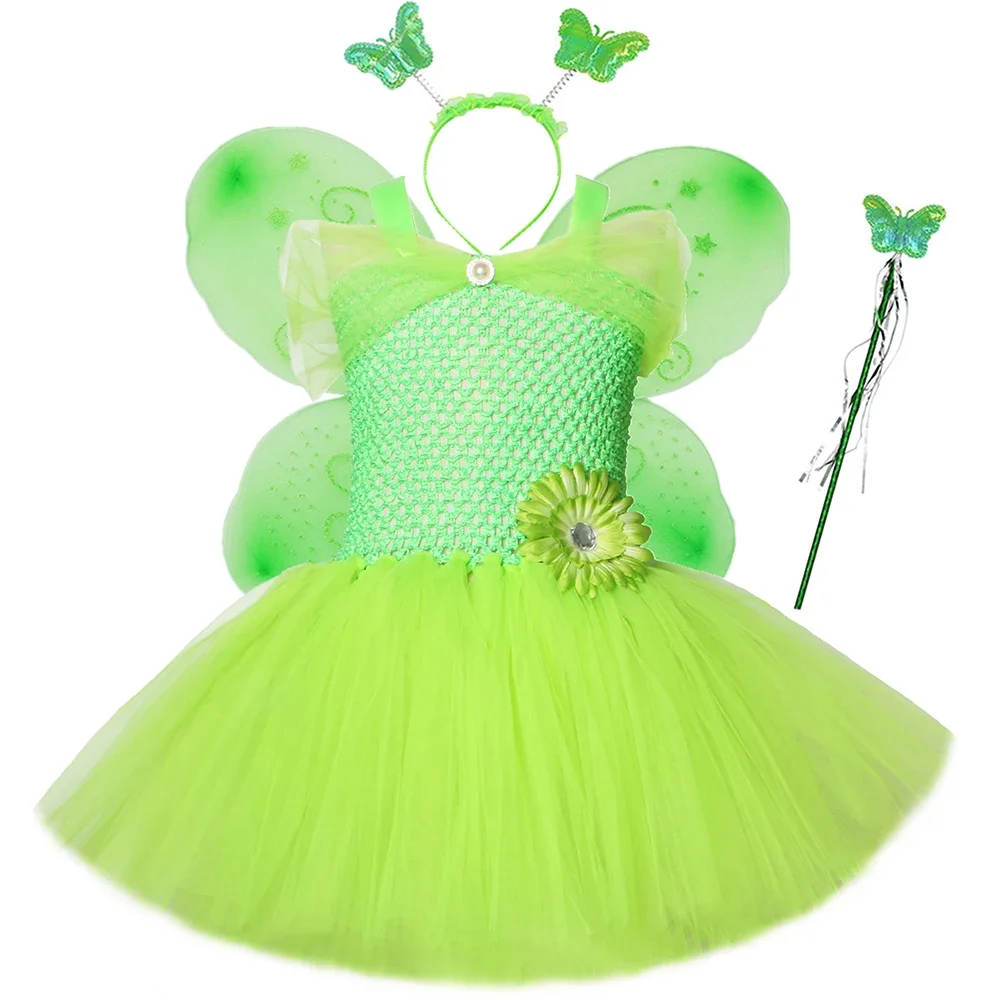 Green Pixie Fairy Costume for Girls Fairy Tale Princess Tutu Dress Kids Halloween Carnival Party Dress Up with Butterfly Wings