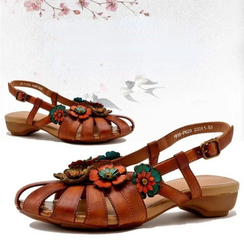 Retro Women Rome Sandals 2024 Summer Flower Buckle Design Soft Leather Platform Sandal Casual Fashion Mom Shoes Sandalias Mujer