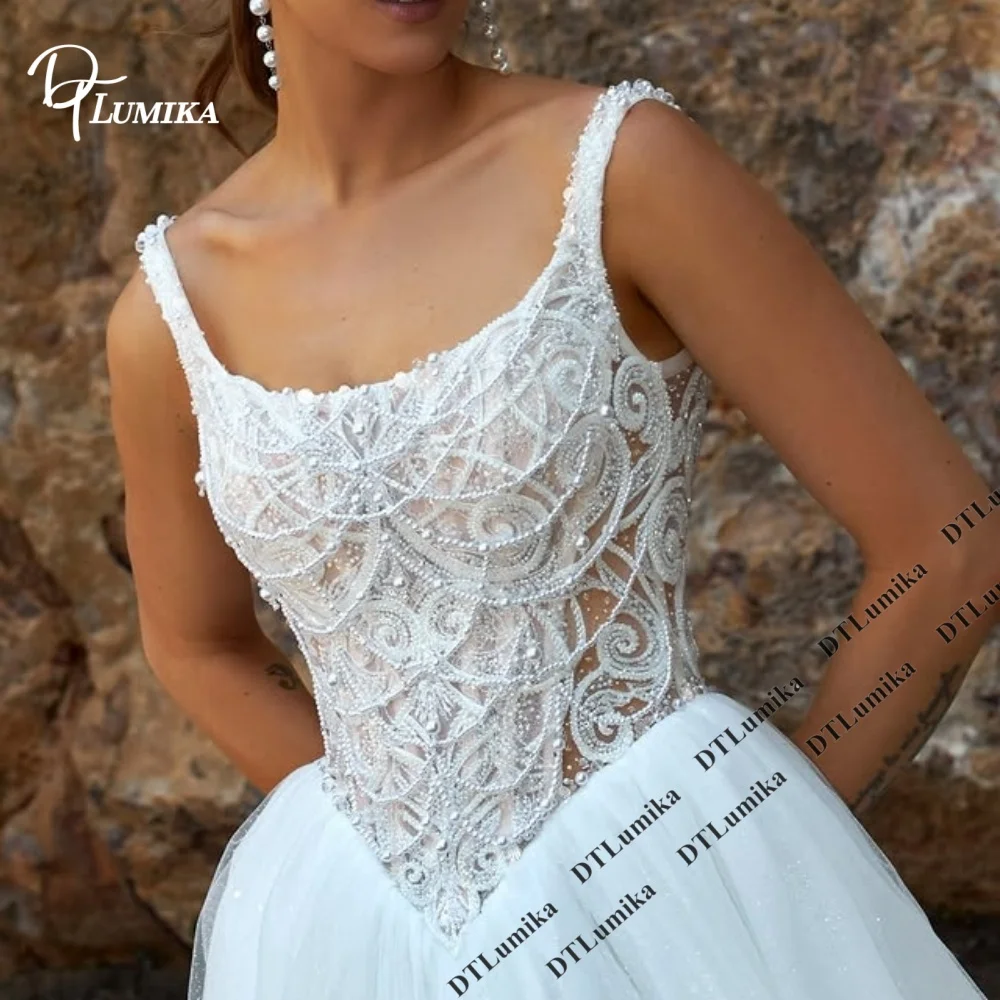 Scoop Neck Beaded Lace Tulle Ball Gown Wedding Dress Elegant Large U Neck Luxury Hand Crafe Bride Dresses Customized Bridal Gown