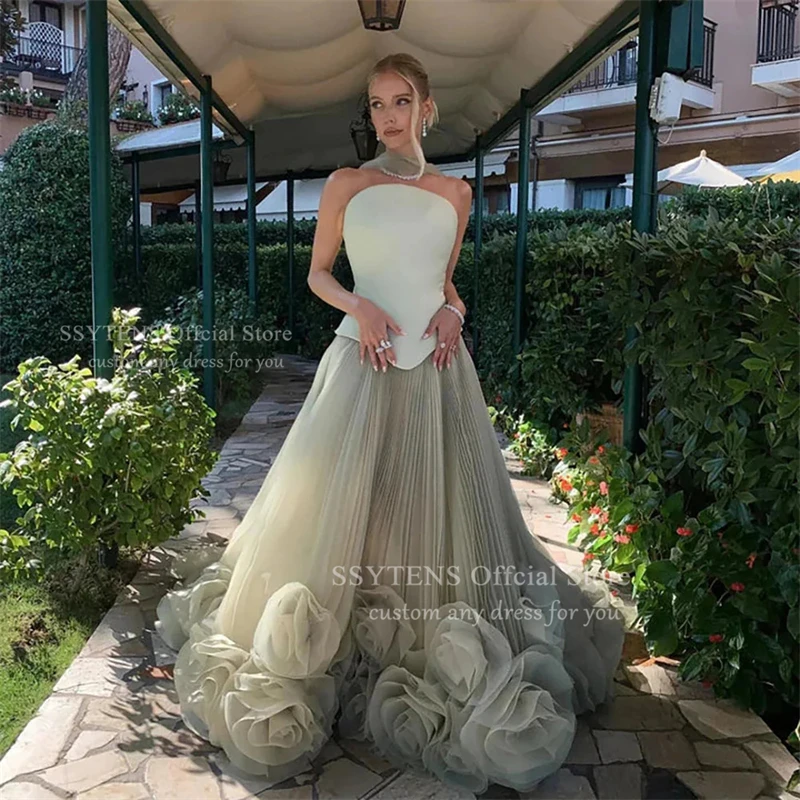 SSYTENS Elegante 3D-Blumen Abendkleider Satin A-Linie Saudi-Arabien Muslim Formeller Anlass Vestidos De Fiesta Noche Maßgeschneidert