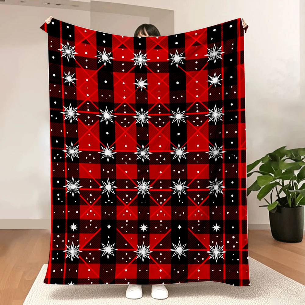 1PC Red and Black Tartan Star Print Blanket-made of soft, fluffy flannel, perfect for a sofa, bed or lounge chair. Ideal for Chr