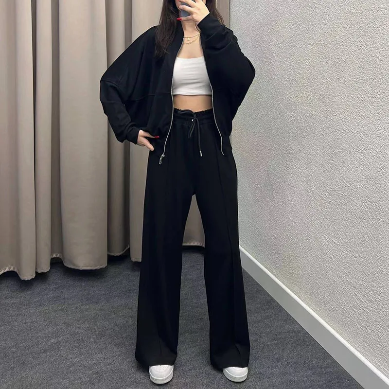 Autumn Winter Solid Loose Tracksuit Women Casual Zipper Sweatshirt Coat & Lace-up Pants Outfit Fashion Warm Two Piece Suit Sets