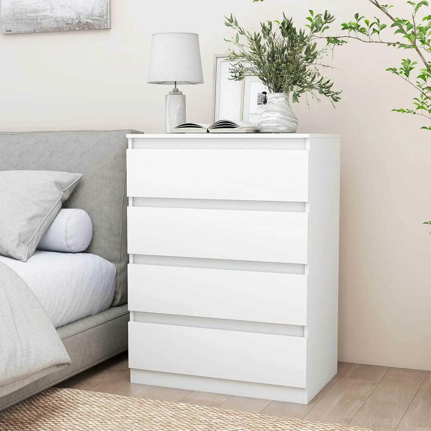 

White 4-Drawer Tall Nightstand Bedside End Table No-Handle Bedroom Living Room Storage,Customized