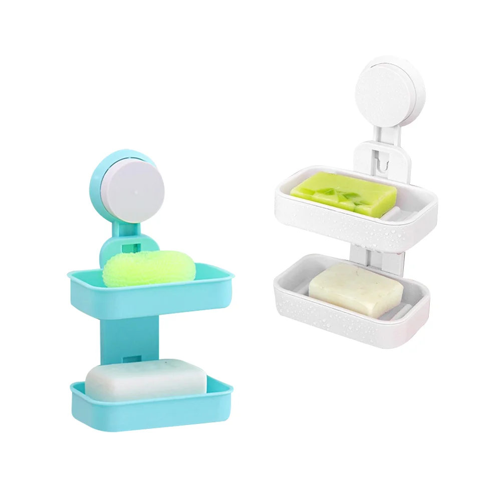 

2 Pcs Suction Cup Soap Holder Storage Rack Dish Water Draining Double Layer Bathroom Accessories